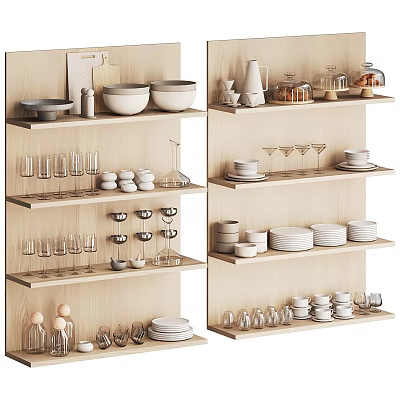 Stylish Dinnerware Set Display On Wooden Shelves With Bowls Plates Glasses And Cups 3d model