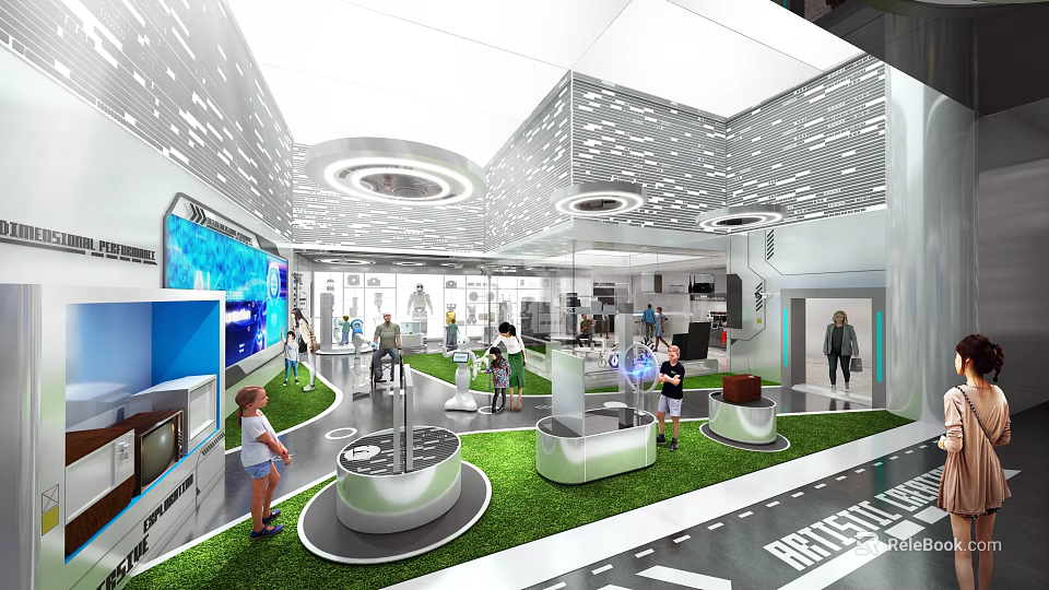 Modern Exhibition Hall With Interactive Displays Green Turf And Circular Platforms 3d model