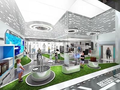 Modern Exhibition Hall With Interactive Displays Green Turf And Circular Platforms 3d model