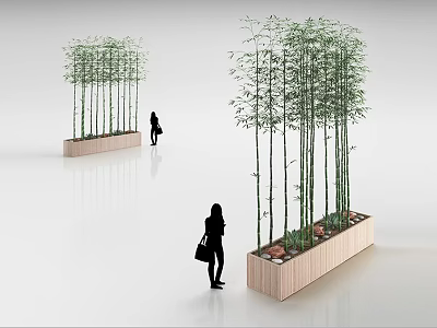 Elegant Bamboo Bonsai Potted Plants In Wooden Planter Boxes For Modern Interior 3d model