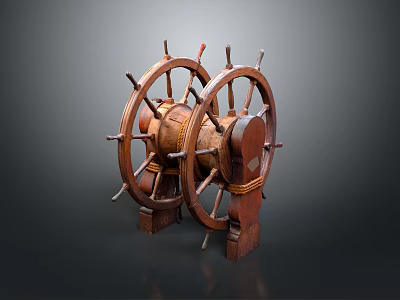 Decorative Brown Wooden Ship Wheel With Two Wheels And Metal Accents For Home Decor 3d model