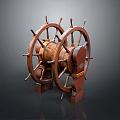 Decorative Brown Wooden Ship Wheel With Two Wheels And Metal Accents For Home Decor
