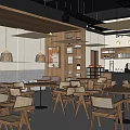 Modern Wooden Cafe Interior With Open Space Green Plants And Large Windows