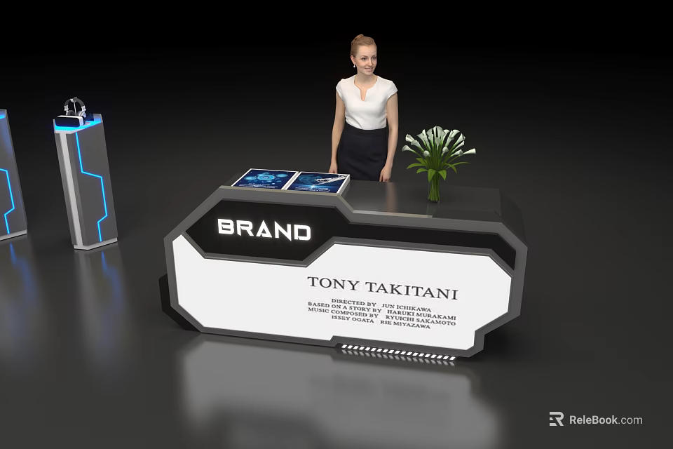 Modern Check-in Reception Desk Featuring Digital Device And Staff For Efficient Service 3d model