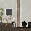 Natural Style Leisure Chair With Potted Plant Stacked Books And Ceramic Vases