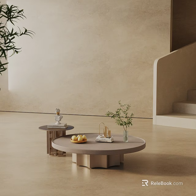 Minimalist Modern Sofa and Coffee Table Set Interior With Beige Wall Plant and Fruits 3d model 