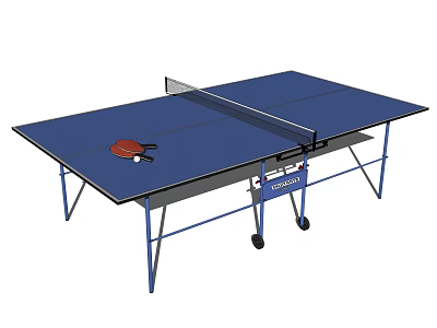 Blue Ping Pong Table With Net Red Paddle Ball And Wheeled Frame For Sports 3d model