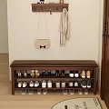 Wooden Shoe Bench with Storage Shelves in Entryway Hanging Bag and Scarf