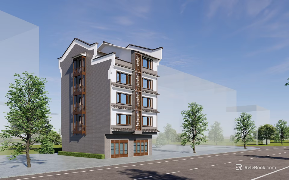 Multi Storey Modern Chinese Style Building With Gray White Exterior Wooden Decorations And Street Trees 3d model 