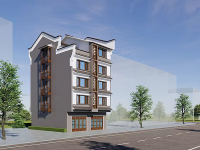 Multi Storey Modern Chinese Style Building With Gray White Exterior Wooden Decorations And Street Trees 3d model