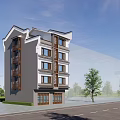 Multi Storey Modern Chinese Style Building With Gray White Exterior Wooden Decorations And Street Trees