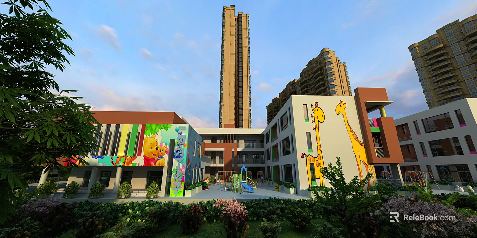 Modern Colorful School Building With Animal Murals Green Plants And Playground 3d model 