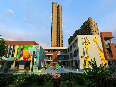 Modern Colorful School Building With Animal Murals Green Plants And Playground 3d model