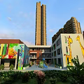 Modern Colorful School Building With Animal Murals Green Plants And Playground