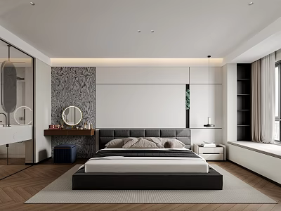 Modern Bedroom Interior Design With Textured Wall Wooden Floor And Decorative Mirror 3d model