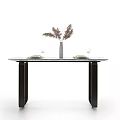 Dining Table Set With Black Metal Frame Grey Upholstered Chairs And Decorative Vase Plates