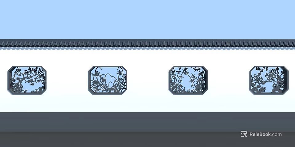 Building Exterior Wall With White Surface Two Octagonal Hollow Out Windows And Bamboo Leaf Patterns 3d model