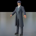 Man Wearing Long Gray Coat Waistcoat Tie and Cap Standing on Simple Background