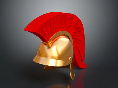 Ancient Warrior Weapon Helmet In Golden Shade With Red Plume And Metallic Design 3d model