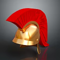 Ancient Warrior Weapon Helmet In Golden Shade With Red Plume And Metallic Design