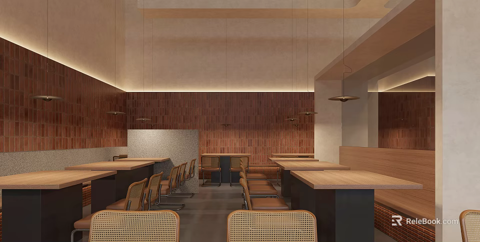 Cozy Hotpot Restaurant Interior With Wooden Walls Tables Rattan Chairs And Hanging Lights 3d model 