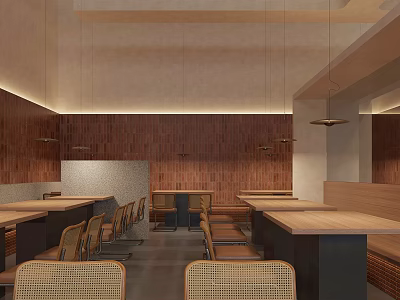 Cozy Hotpot Restaurant Interior With Wooden Walls Tables Rattan Chairs And Hanging Lights 3d model