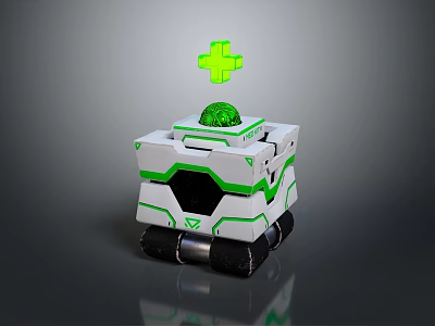 White And Green Small Robot With Green Cross Symbol And Top Plant On Tracks 3d model