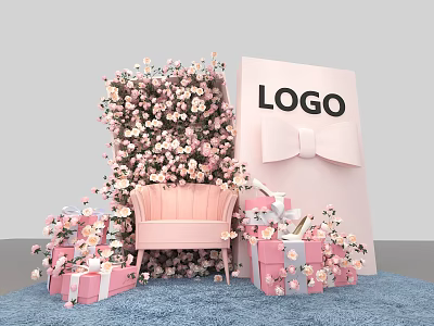 Floral Decoration Setup With Pink Floral Wall Sofa Gift Boxes And Bow Background Board 3d model
