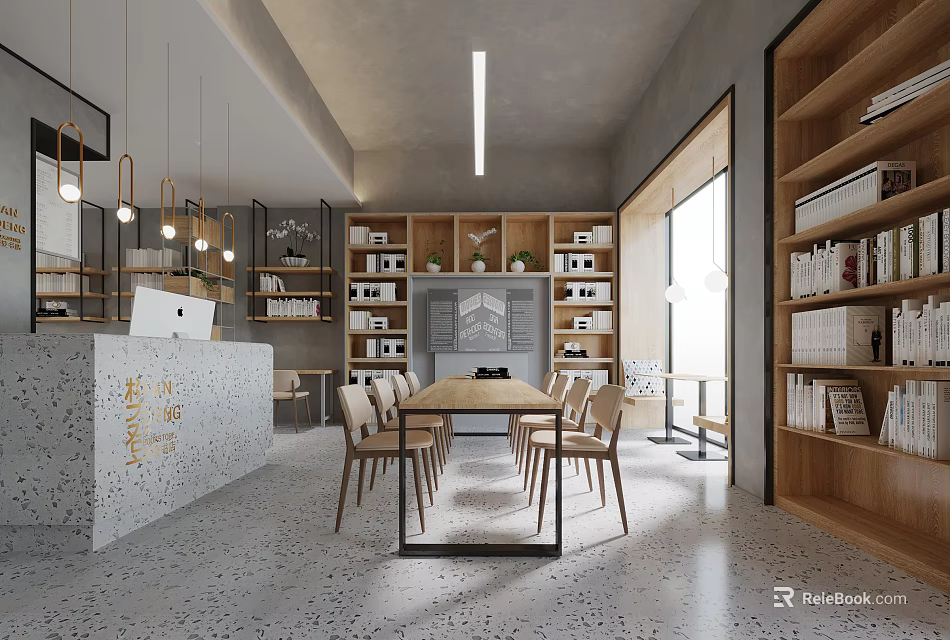 Book Art Interior Design With Modern Bookshelves Tables Chairs And Art Decor Elements 3d model 