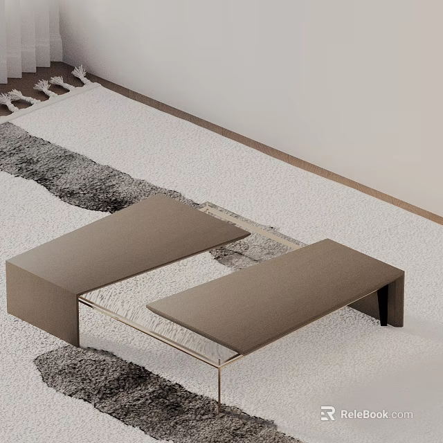 Modern Minimalist Brown Sofa Coffee Table Combination With Metal Frame And White Gray Patterned Rug 3d model 