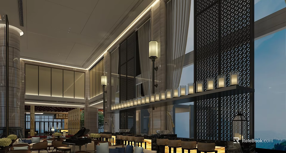 Hotel Lobby Modern Interior Design With Elegant Lighting And Decorative Elements 3d model