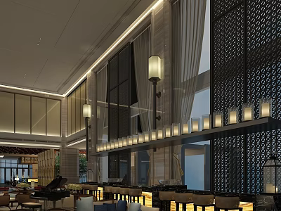Hotel Lobby Modern Interior Design With Elegant Lighting And Decorative Elements 3d model