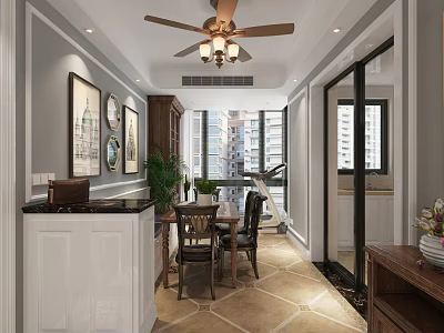 Modern Dining and Living Room Interior with Ceiling Fan Light Wall Art and Dining Table 3d model