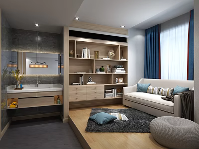 Cozy Modern Leisure Area With Sofa Bookcase Rug And Window Curtains Decor 3d model