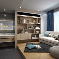 Cozy Modern Leisure Area With Sofa Bookcase Rug And Window Curtains Decor