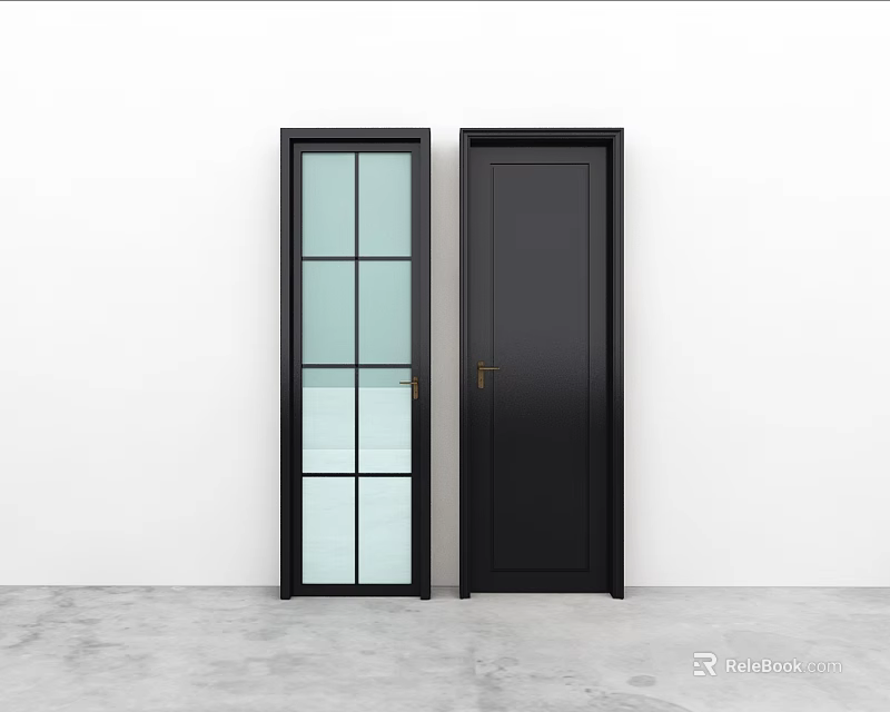 Two Modern Black Hinged Doors One with Glass Panels and One Solid Panel 3d model 