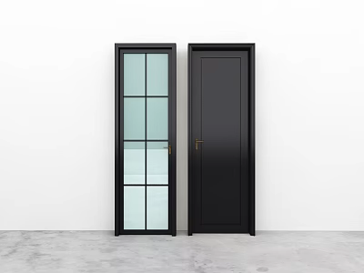 Two Modern Black Hinged Doors One with Glass Panels and One Solid Panel 3d model
