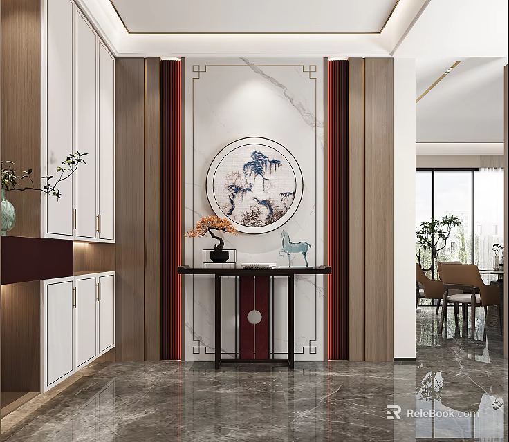 Chinese Style Foyer Hallway With Circular Landscape Painting White Cabinets And Marble Floor 3d model 