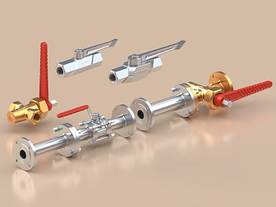 Industrial Pipe Valves And Fittings With Brass Stainless Steel And Red Handles 3d model