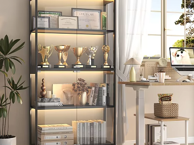 Trophies and Medals Display on Modern Shelf in Bright Study Room with Certificates and Books 3d model