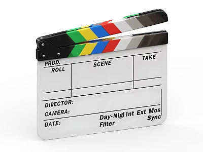 Film Clapperboard With Colorful Stripes And Production Labels Prod Roll Scene Take For Movie Shooting 3d model