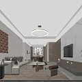 Modern Elegant Living And Dining Room Interior With Marble TV Wall And Comfortable Sofa Set
