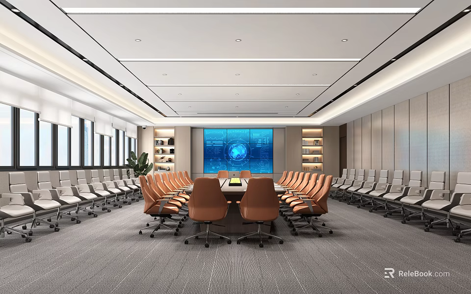 Modern Meeting Room Interior With Long Conference Table Orange Gray Chairs Background Large Screen Bookshelves 3d model 