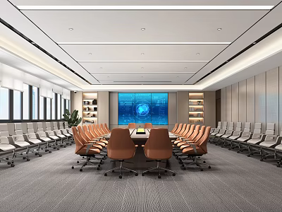 Modern Meeting Room Interior With Long Conference Table Orange Gray Chairs Background Large Screen Bookshelves 3d model