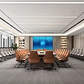 Modern Meeting Room Interior With Long Conference Table Orange Gray Chairs Background Large Screen Bookshelves