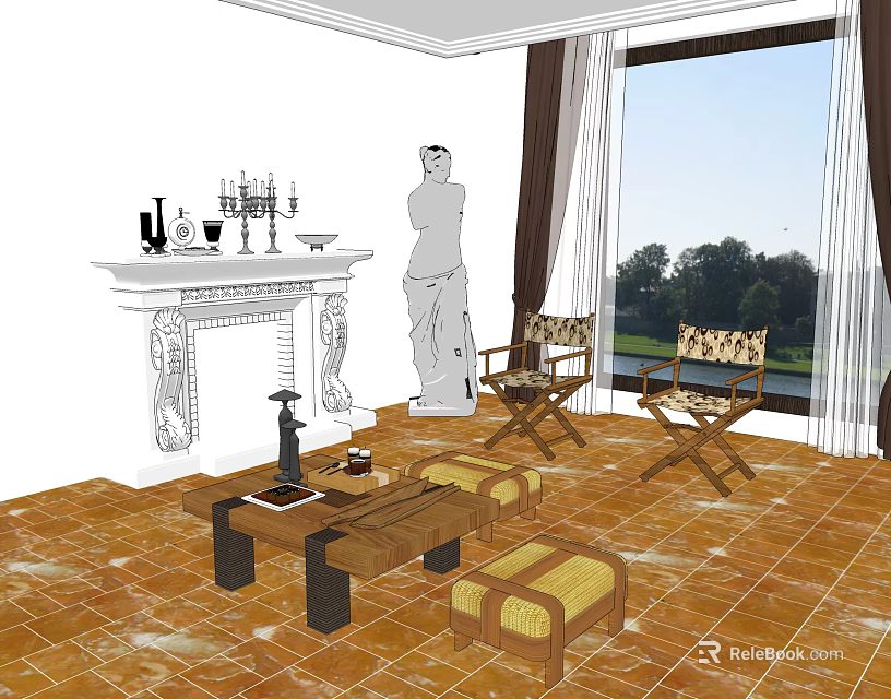 Classical Fireplace Living Room With Statue Two Chairs Coffee Table And Scenic Window View 3d model 