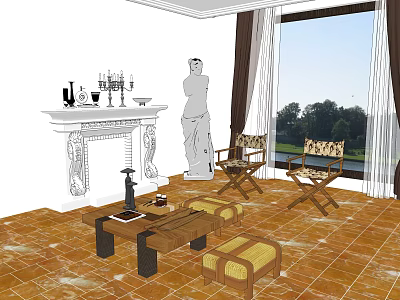 Classical Fireplace Living Room With Statue Two Chairs Coffee Table And Scenic Window View 3d model