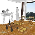 Classical Fireplace Living Room With Statue Two Chairs Coffee Table And Scenic Window View