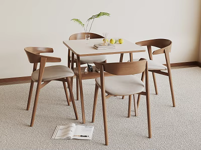 Modern Wooden Negotiation Table and Chairs with Curved Backrest Upholstered Seats Plant Glass and Fruit 3d model