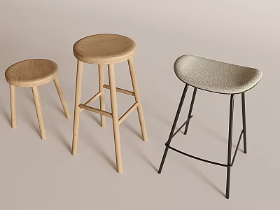 Three Modern Bar Stools Featuring Wooden And Upholstered Seats With Metal Legs 3d model